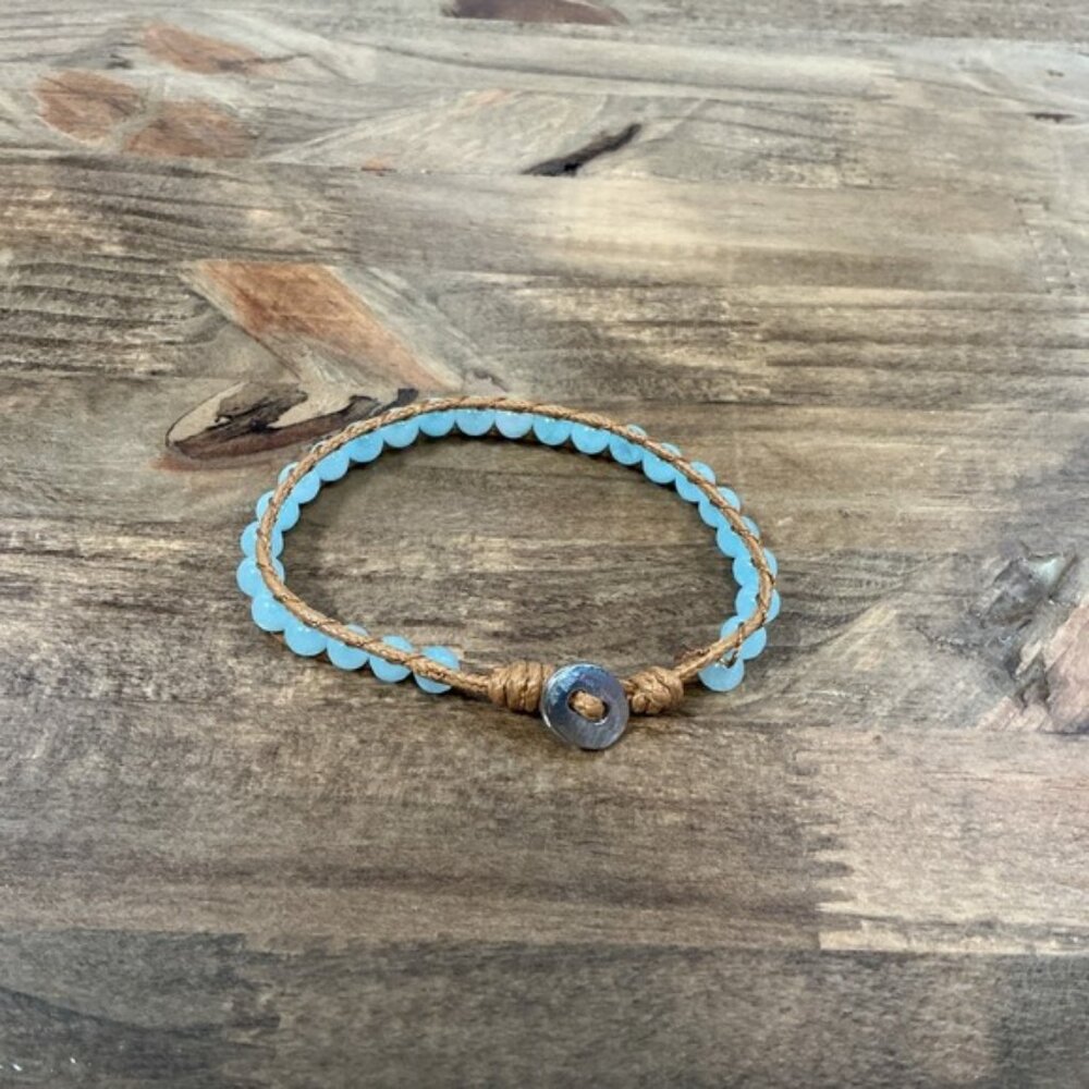 Amazonite or Amazon Jade Leather Wrapped Bracelet Gemstone Blue Green